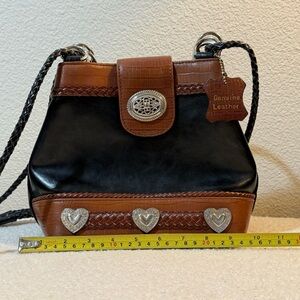 Vintage Genuine Leather Black and Brown Western Shoulder Bag Braided Strap heart